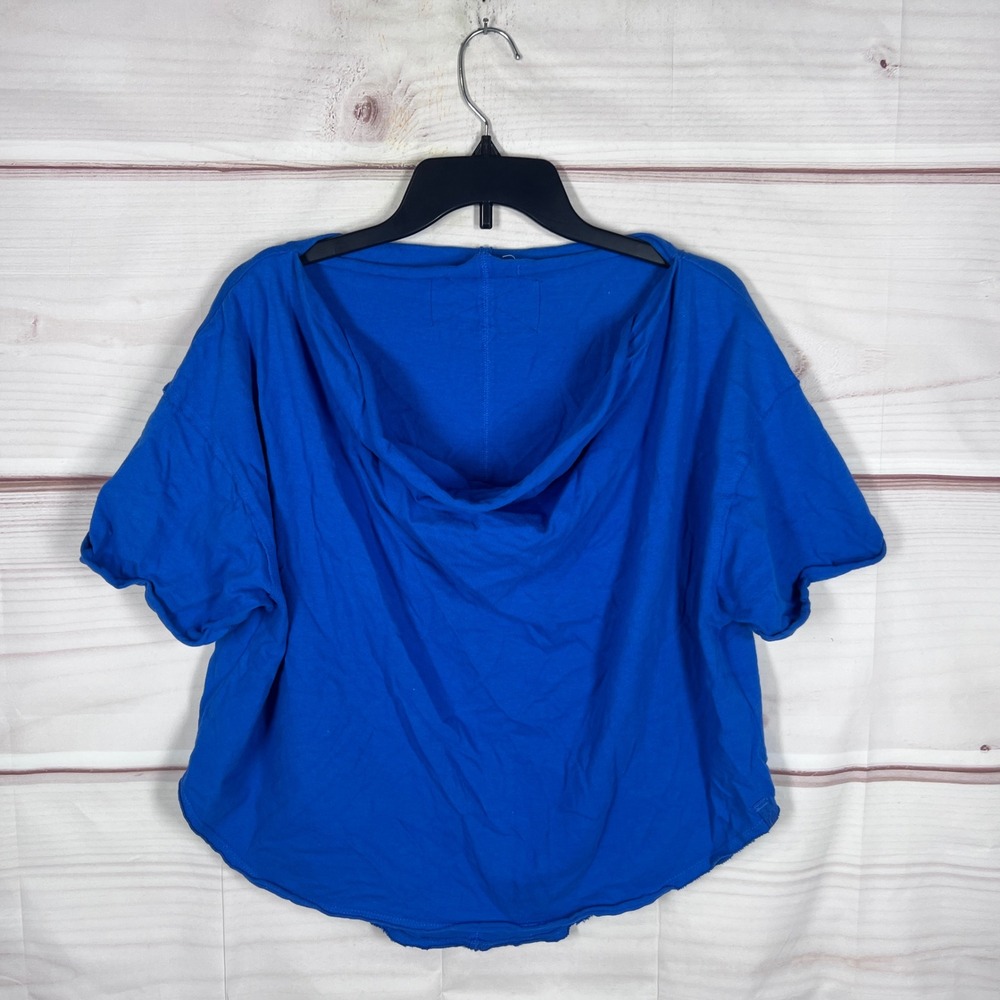 We The Free T-Shirt Women XS Blue Short Sleeve Cowl Neck Raw Hem Cotton Top